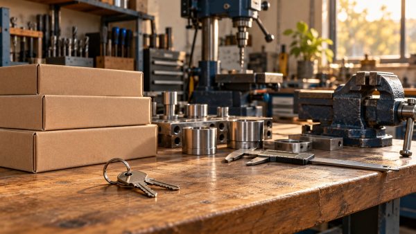 Keys, boxed stock and metalworking equipment on a workshop bench.
