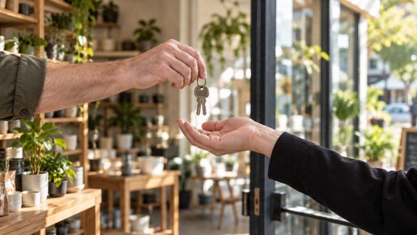 One person offers keys to another at the entrance of a small retail premises.