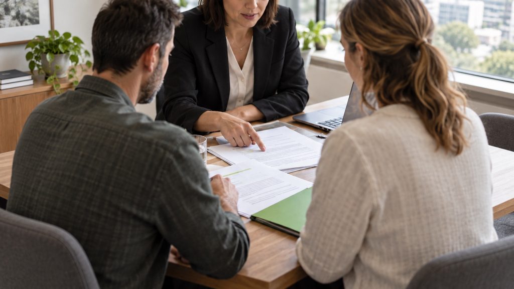 Three people review business sale documents around a meeting table.