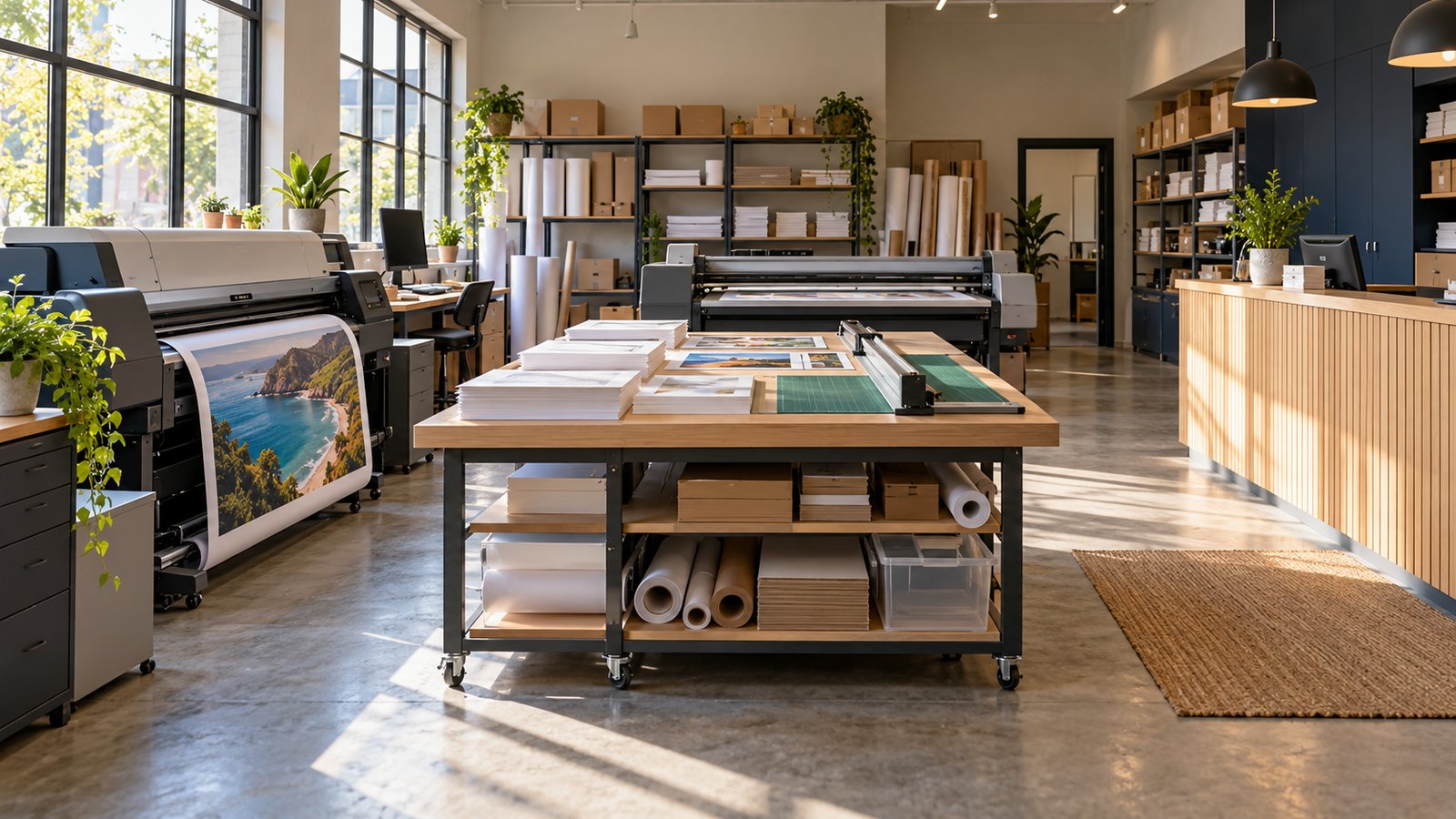 Printing equipment, paper rolls and worktables inside a small business premises.